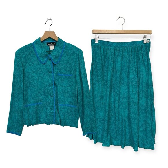 Carole Little Vintage Floral Skirt Set Size 8 Blue Turquoise Blazer - Picture 1 of 8